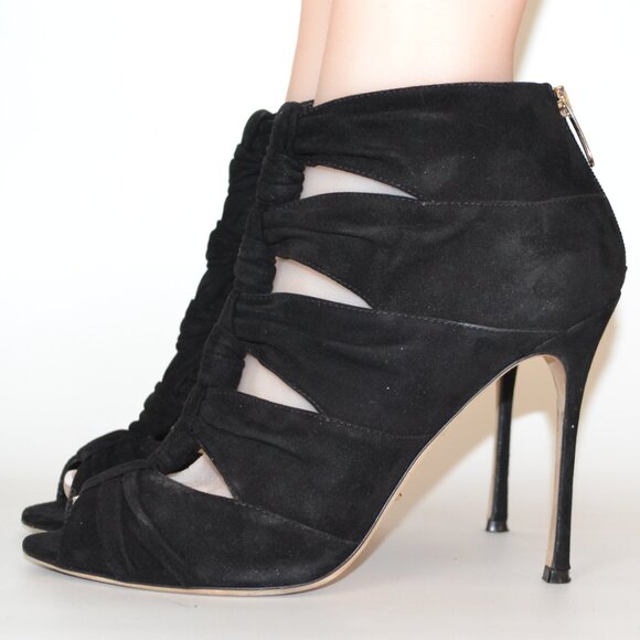 With Box Sergio Rossi Black Suede Cutout 'Devine 105' Heel Boots - Picture 3 of 10